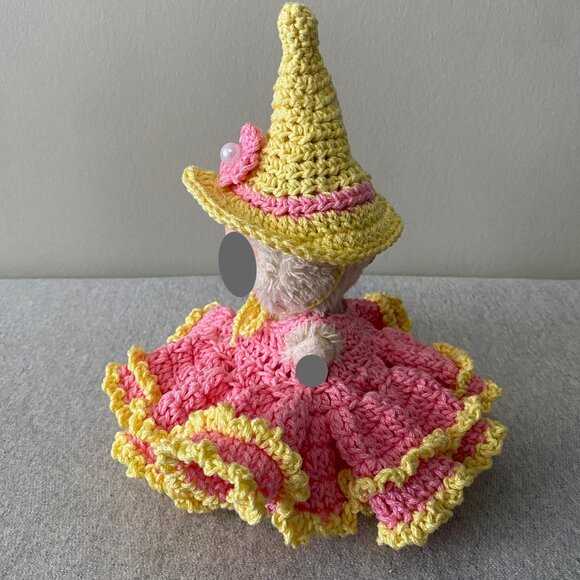 Handmade Crochet Pink Yellow Gown Fairy Witch Outfit for 17cm Doll 2-Piece Set - Picture 4 of 8